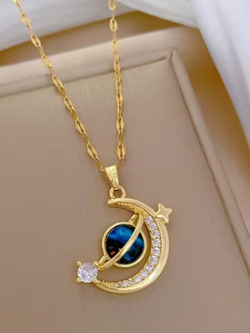 DESIGNER Cosmic Gold Blue Saturn Moon & Star Clear Crystals Chain Necklace**NEW!
